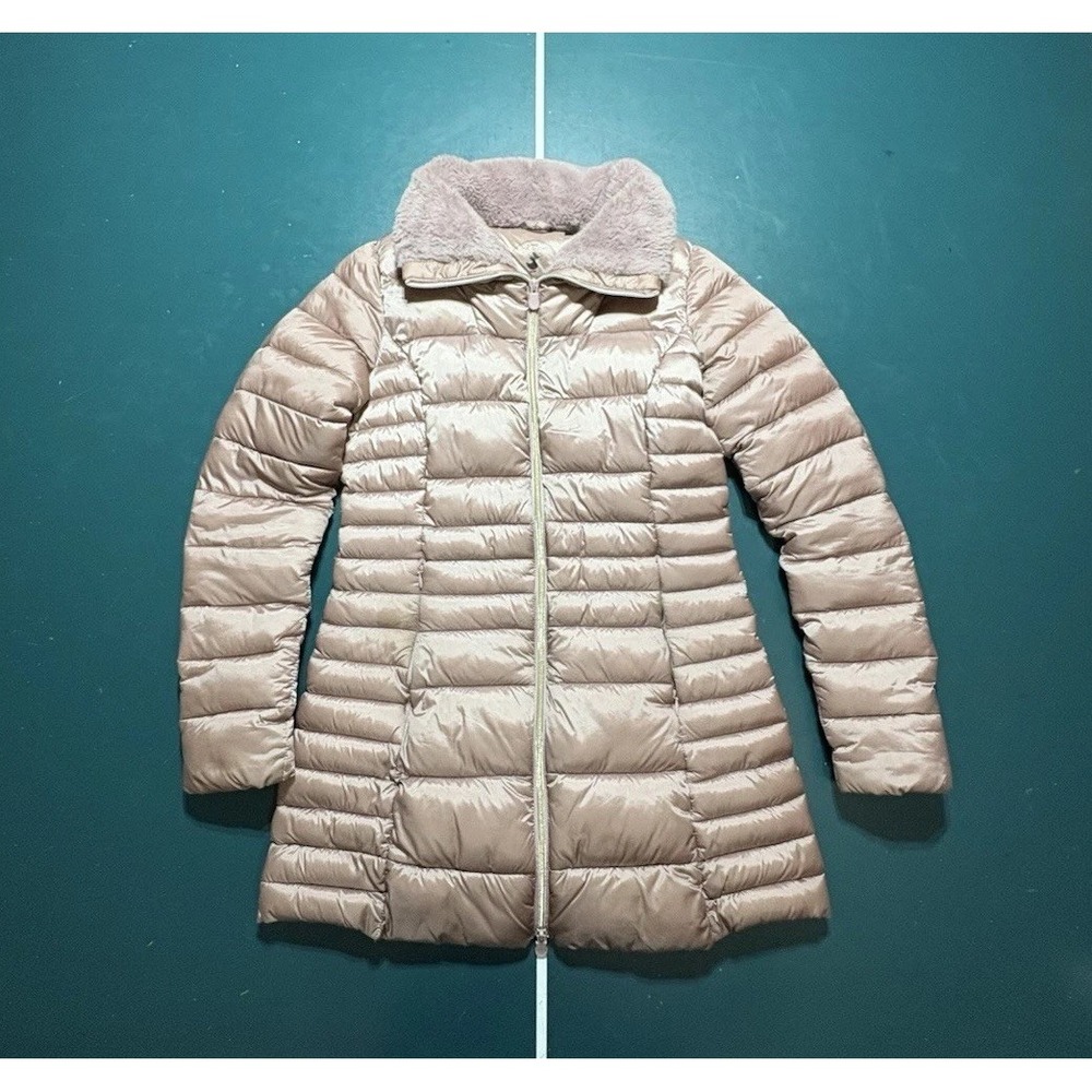 SAVE THE DUCK Caroline Faux Fur Collar Puffer Jacket Medium Plumtech‎ Pink Gold
